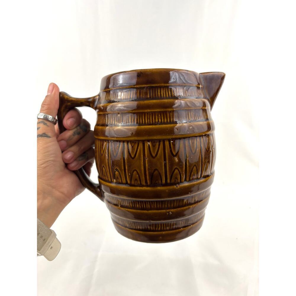 Vintage‎ Brown Glaze Barrel Pitcher Pottery 7" - Picture 9 of 12